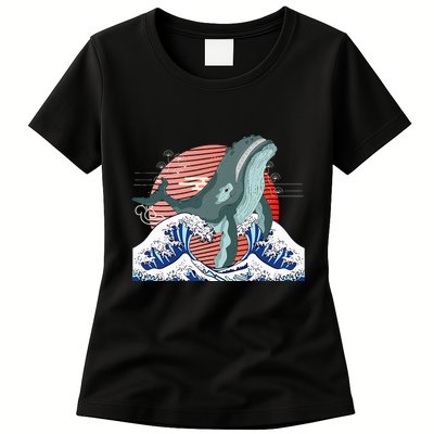 cute Humpback whale waves sea Japanese style Womens T-Shirt
