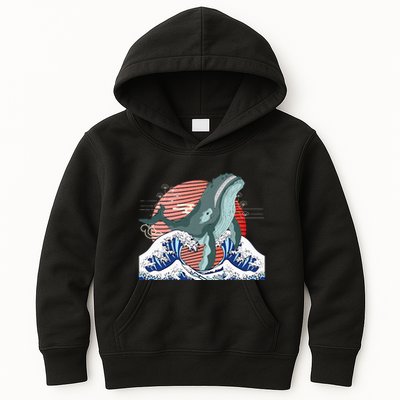 cute Humpback whale waves sea Japanese style Kids Hoodie