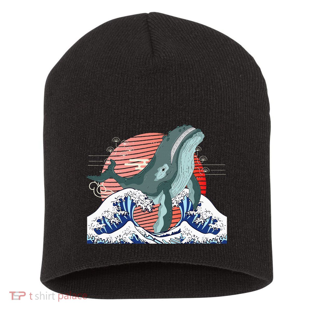 cute Humpback whale waves sea Japanese style Short Acrylic Beanie