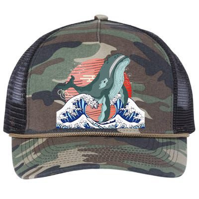 cute Humpback whale waves sea Japanese style Retro Rope Trucker Hat Cap