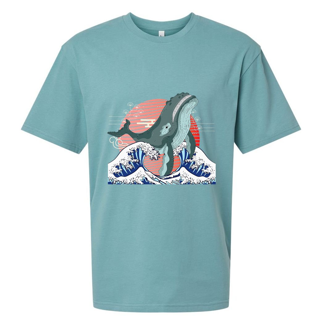 cute Humpback whale waves sea Japanese style Sueded Cloud Jersey T-Shirt