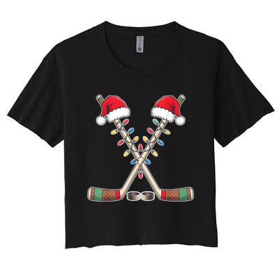 Christmas Hockey With Santa Hat Christmas Hockey Women's Crop Top Tee