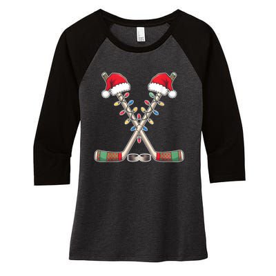 Christmas Hockey With Santa Hat Christmas Hockey Women's Tri-Blend 3/4-Sleeve Raglan Shirt