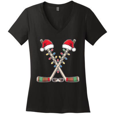 Christmas Hockey With Santa Hat Christmas Hockey Women's V-Neck T-Shirt