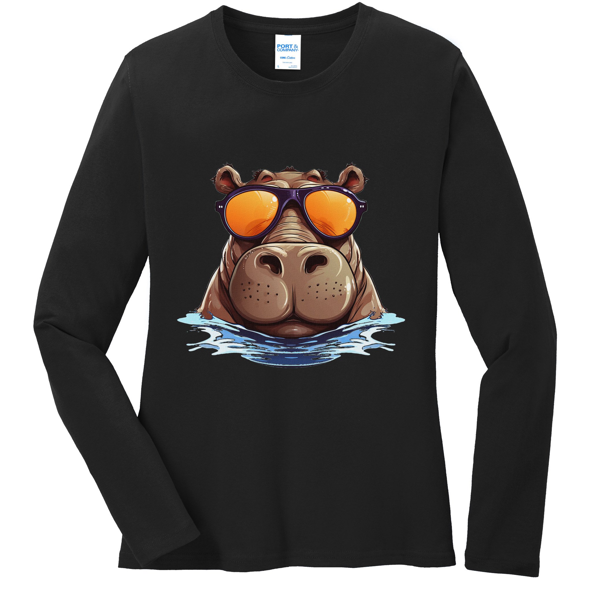 Cool Hippo With Sunglasses For Funny Animals Costume Ladies Long Sleeve Shirt