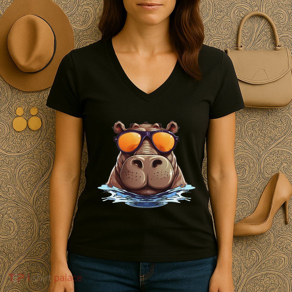 Cool Hippo With Sunglasses For Funny Animals Costume Women's V-Neck T-Shirt