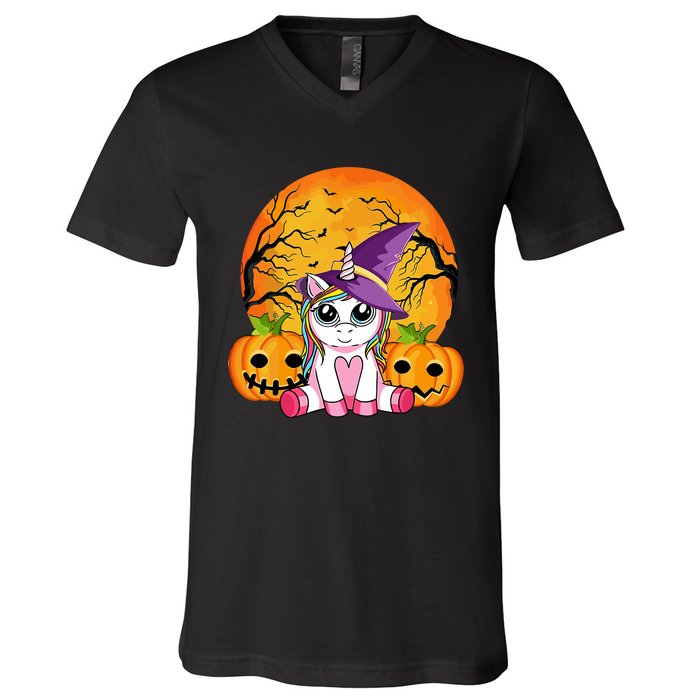 Cute Halloween Witchy Unicorn Halloween V-Neck T-Shirt