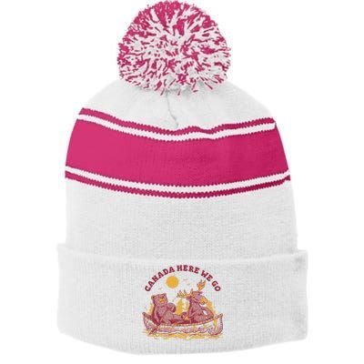 Canada Here We Go Bear And Moose Stripe Pom Pom Beanie