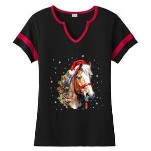 Christmas Horse With Holly Santa Hat Western Xmas Holiday Gift Ladies Halftime Notch Neck Tee