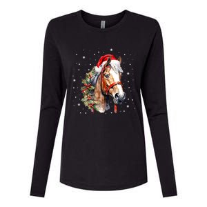 Christmas Horse With Holly Santa Hat Western Xmas Holiday Gift Womens Cotton Relaxed Long Sleeve T-Shirt