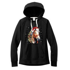 Christmas Horse With Holly Santa Hat Western Xmas Holiday Gift Women's Fleece Hoodie