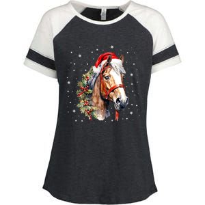 Christmas Horse With Holly Santa Hat Western Xmas Holiday Gift Enza Ladies Jersey Colorblock Tee