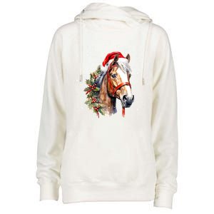 Christmas Horse With Holly Santa Hat Western Xmas Holiday Gift Womens Funnel Neck Pullover Hood