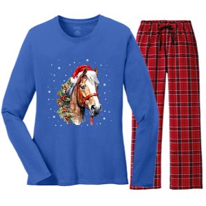 Christmas Horse With Holly Santa Hat Western Xmas Holiday Gift Women's Long Sleeve Flannel Pajama Set 