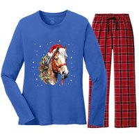 Christmas Horse With Holly Santa Hat Western Xmas Holiday Gift Women's Long Sleeve Flannel Pajama Set 