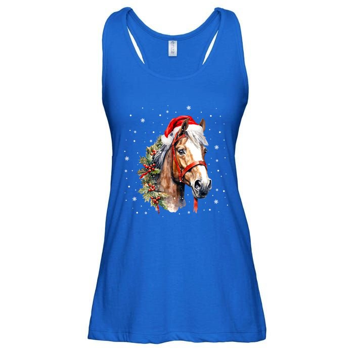 Christmas Horse With Holly Santa Hat Western Xmas Holiday Gift Ladies Essential Flowy Tank