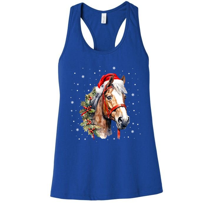 Christmas Horse With Holly Santa Hat Western Xmas Holiday Gift Women's Racerback Tank