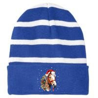 Christmas Horse With Holly Santa Hat Western Xmas Holiday Gift Striped Beanie with Solid Band