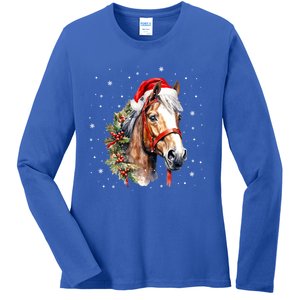 Christmas Horse With Holly Santa Hat Western Xmas Holiday Gift Ladies Long Sleeve Shirt