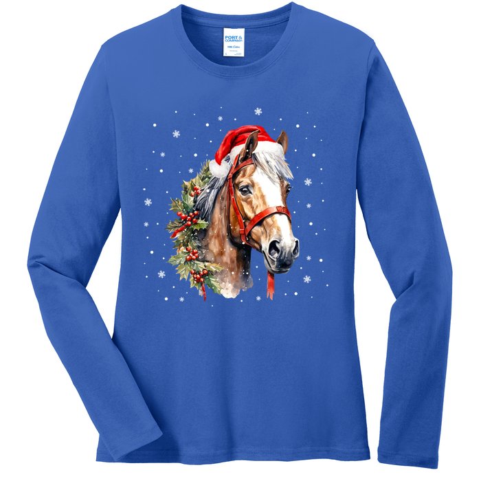 Christmas Horse With Holly Santa Hat Western Xmas Holiday Gift Ladies Long Sleeve Shirt