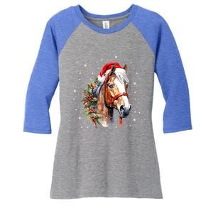 Christmas Horse With Holly Santa Hat Western Xmas Holiday Gift Women's Tri-Blend 3/4-Sleeve Raglan Shirt