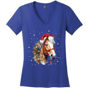 Christmas Horse With Holly Santa Hat Western Xmas Holiday Gift Women's V-Neck T-Shirt