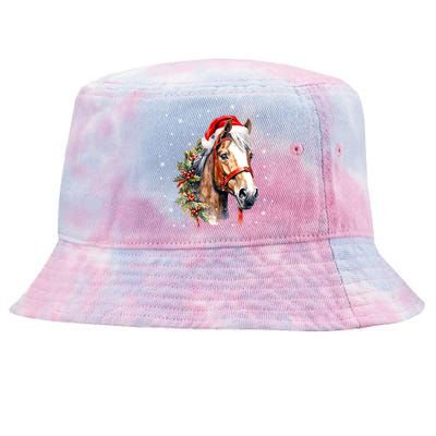 Christmas Horse With Holly Santa Hat Western Xmas Holiday Gift Tie-Dyed Bucket Hat