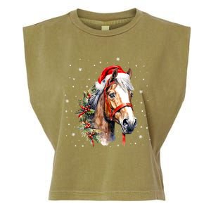 Christmas Horse With Holly Santa Hat Western Xmas Holiday Gift Garment-Dyed Women's Muscle Tee