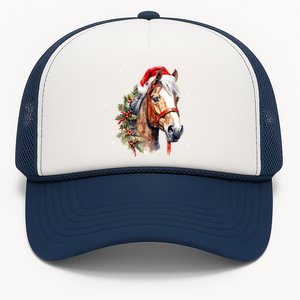 Christmas Horse With Holly Santa Hat Western Xmas Holiday Gift Trucker Hat