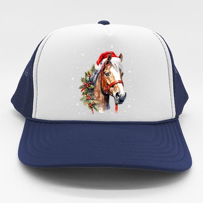 Christmas Horse With Holly Santa Hat Western Xmas Holiday Gift Trucker Hat