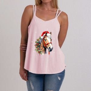 Christmas Horse With Holly Santa Hat Western Xmas Holiday Gift Women's Strappy Tank