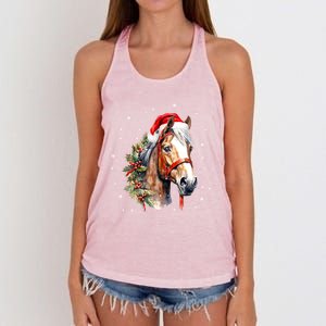 Christmas Horse With Holly Santa Hat Western Xmas Holiday Gift Women's Knotted Racerback Tank