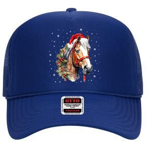 Christmas Horse With Holly Santa Hat Western Xmas Holiday Gift High Crown Mesh Back Trucker Hat