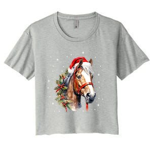 Christmas Horse With Holly Santa Hat Western Xmas Holiday Gift Women's Crop Top Tee