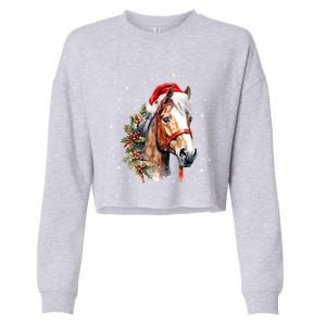 Christmas Horse With Holly Santa Hat Western Xmas Holiday Gift Cropped Pullover Crew