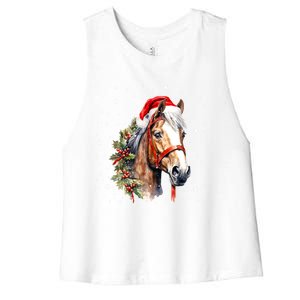 Christmas Horse With Holly Santa Hat Western Xmas Holiday Gift Women's Racerback Cropped Tank