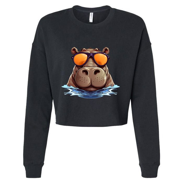 Cool Hippo with Sunglasses for funny Animals Costume Cropped Pullover Crew