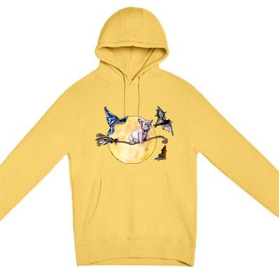 Cute Halloween Water Color Puppy On Witch Broom Premium Pullover Hoodie