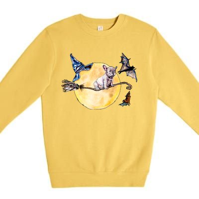 Cute Halloween Water Color Puppy On Witch Broom Premium Crewneck Sweatshirt