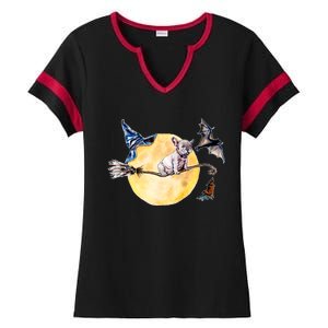 Cute Halloween Water Color Puppy On Witch Broom Ladies Halftime Notch Neck Tee