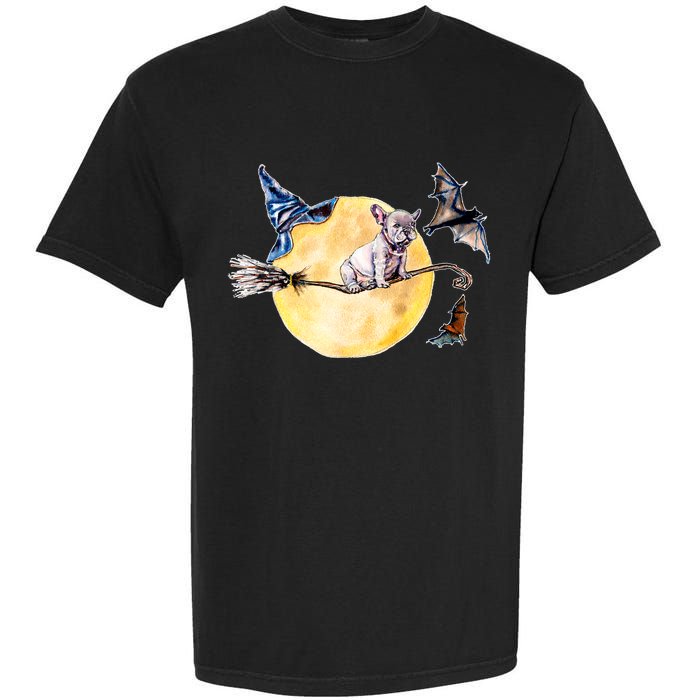 Cute Halloween Water Color Puppy On Witch Broom Garment-Dyed Heavyweight T-Shirt