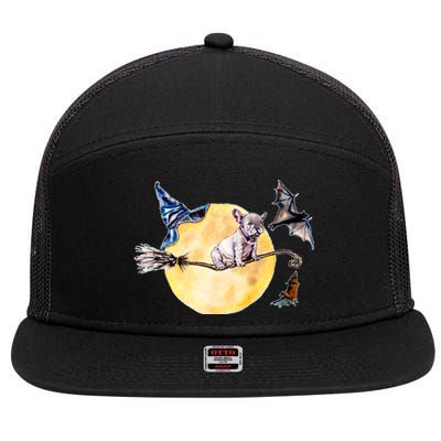 Cute Halloween Water Color Puppy On Witch Broom 7 Panel Mesh Trucker Snapback Hat