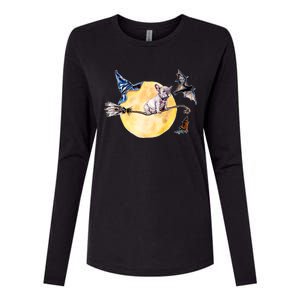 Cute Halloween Water Color Puppy On Witch Broom Womens Cotton Relaxed Long Sleeve T-Shirt