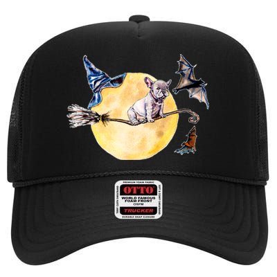 Cute Halloween Water Color Puppy On Witch Broom High Crown Mesh Back Trucker Hat