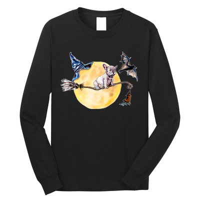 Cute Halloween Water Color Puppy On Witch Broom Long Sleeve Shirt