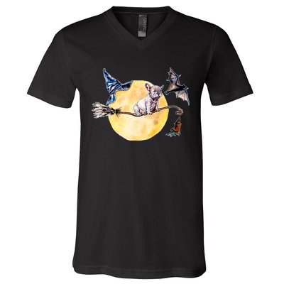 Cute Halloween Water Color Puppy On Witch Broom V-Neck T-Shirt