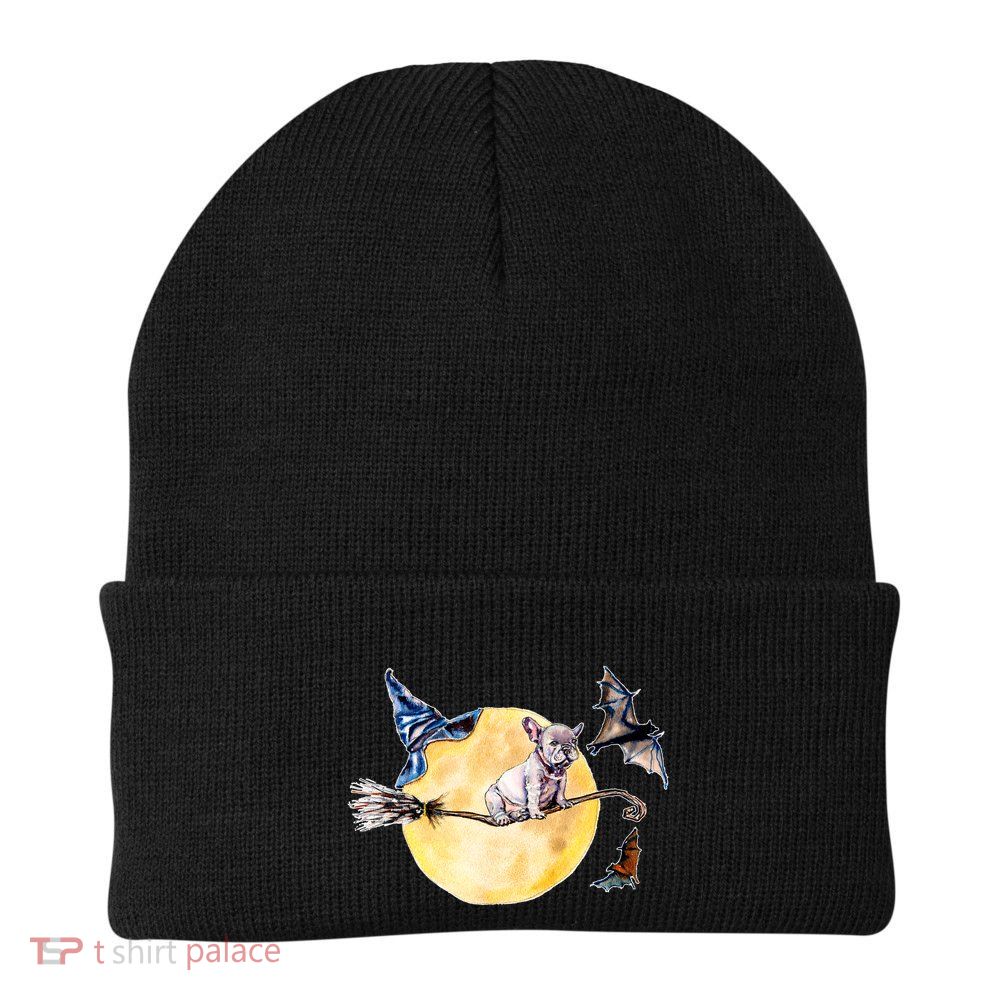Cute Halloween Water Color Puppy On Witch Broom Beanie
