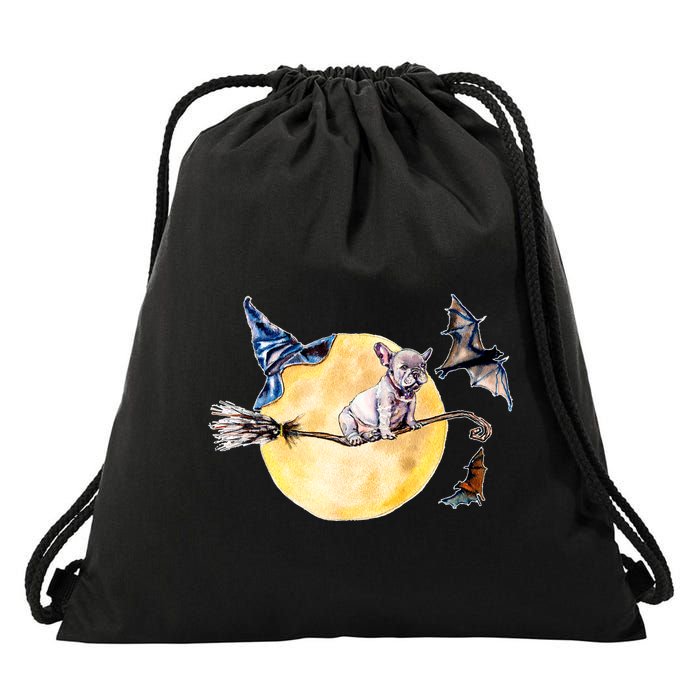 Cute Halloween Water Color Puppy On Witch Broom Drawstring Bag