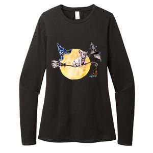 Cute Halloween Water Color Puppy On Witch Broom Womens CVC Long Sleeve Shirt