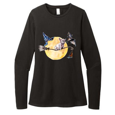 Cute Halloween Water Color Puppy On Witch Broom Womens CVC Long Sleeve Shirt